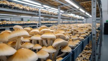 Mushroom cultivation in indoor farms, Growing of mushrooms from compost into casing on organic farm photo