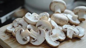 Sliced mushrooms ready for cooking on a cutting board photo