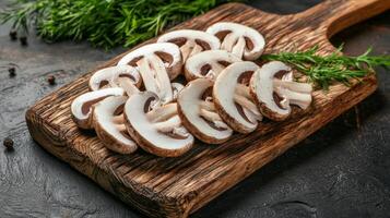 Sliced mushrooms ready for cooking on a cutting board photo