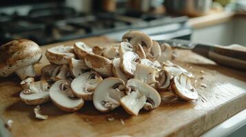 Sliced mushrooms ready for cooking on a cutting board photo