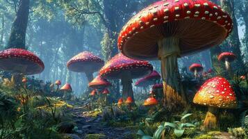 Mystical nature setting with giant mushrooms in enchanted forest. Mushrooms in fairy-tale setting photo