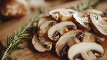 Sliced mushrooms ready for cooking on a cutting board photo