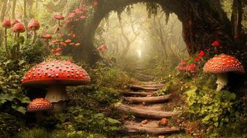 Mystical nature setting with giant mushrooms in enchanted forest. Mushrooms in fairy-tale setting photo