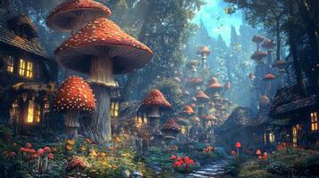Mystical nature setting with giant mushrooms in enchanted forest. Mushrooms in fairy-tale setting photo