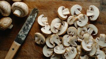 Sliced mushrooms ready for cooking on a cutting board photo