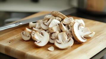 Sliced mushrooms ready for cooking on a cutting board photo