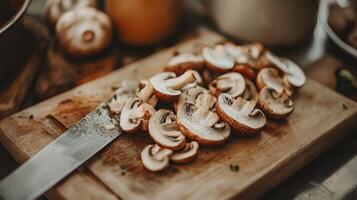 Sliced mushrooms ready for cooking on a cutting board photo
