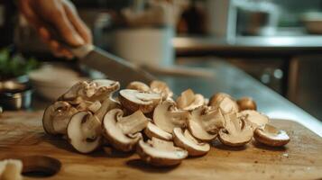 Sliced mushrooms ready for cooking on a cutting board photo