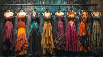 Bohemian-style dresses draping elegantly on mannequins. Nostalgic medieval setting photo