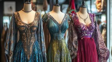 Bohemian-style dresses draping elegantly on mannequins. Nostalgic medieval setting photo