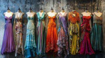 Bohemian-style dresses draping elegantly on mannequins. Nostalgic medieval setting photo