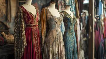 Bohemian-style dresses draping elegantly on mannequins. Nostalgic medieval setting photo