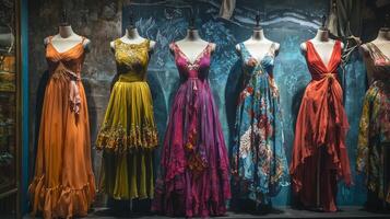 Bohemian-style dresses draping elegantly on mannequins. Nostalgic medieval setting photo