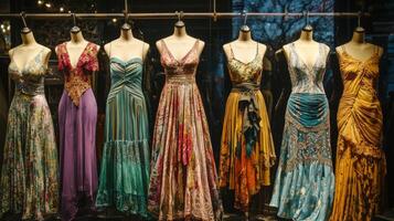 Bohemian-style dresses draping elegantly on mannequins. Nostalgic medieval setting photo