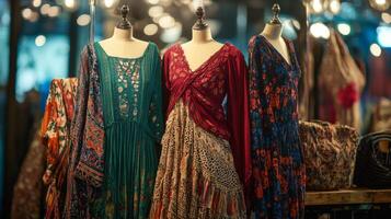 Bohemian-style dresses draping elegantly on mannequins. Nostalgic medieval setting photo