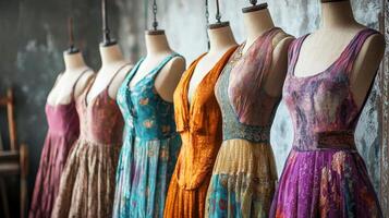 Bohemian-style dresses draping elegantly on mannequins. Nostalgic medieval setting photo