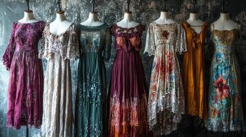 Bohemian-style dresses draping elegantly on mannequins. Nostalgic medieval setting photo