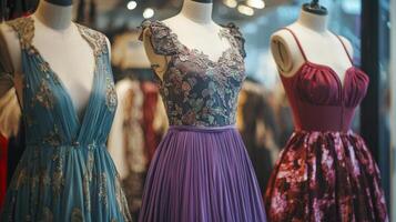 Bohemian-style dresses draping elegantly on mannequins. Nostalgic medieval setting photo