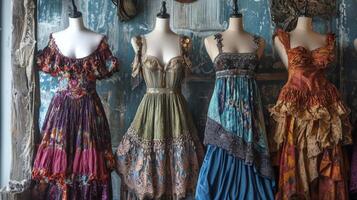 Bohemian-style dresses draping elegantly on mannequins. Nostalgic medieval setting photo