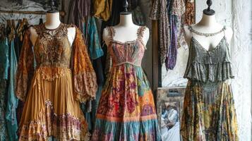 Bohemian-style dresses draping elegantly on mannequins. Nostalgic medieval setting photo