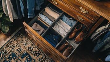 Folded clothes with accessories in chest of drawers, concept beautiful and comfortable organization photo