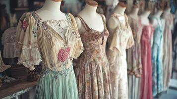 Bohemian-style dresses draping elegantly on mannequins. Nostalgic medieval setting photo
