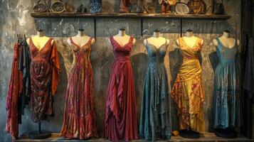 Bohemian-style dresses draping elegantly on mannequins. Nostalgic medieval setting photo