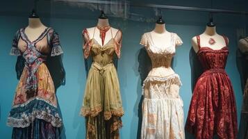 Bohemian-style dresses draping elegantly on mannequins. Nostalgic medieval setting photo