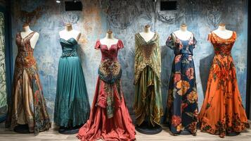 Bohemian-style dresses draping elegantly on mannequins. Nostalgic medieval setting photo