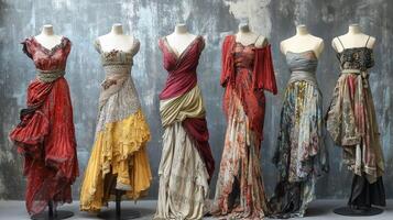 Bohemian-style dresses draping elegantly on mannequins. Nostalgic medieval setting photo