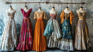 Bohemian-style dresses draping elegantly on mannequins. Nostalgic medieval setting photo