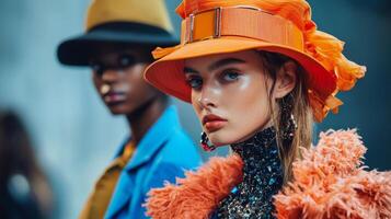 Fashion models showcasing seasonal trends on the runway. Beautiful stylish models photo