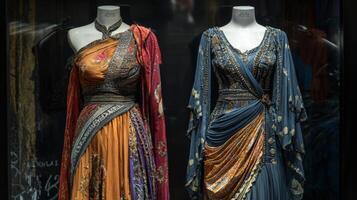 Bohemian-style dresses draping elegantly on mannequins. Nostalgic medieval setting photo