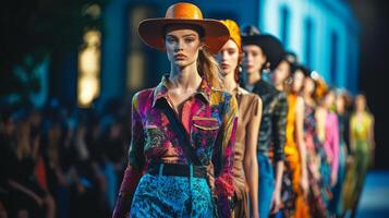 Moda modelos exhibiendo estacional tendencias en el pista. hermosa elegante modelos foto