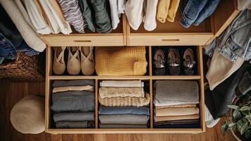 Folded clothes with accessories in chest of drawers, concept beautiful and comfortable organization photo
