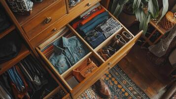 Folded clothes with accessories in chest of drawers, concept beautiful and comfortable organization photo