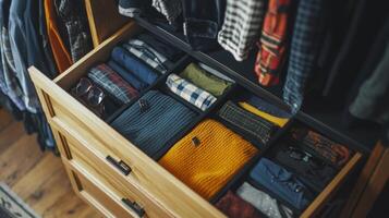 Folded clothes with accessories in chest of drawers, concept beautiful and comfortable organization photo
