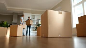 Family moving boxes into their new home. People carrying boxes into their house photo