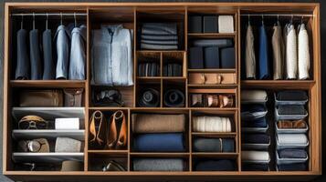 Capsule wardrobe showcase. Well organized wardrobe essential clothing items high-definition clarity photo