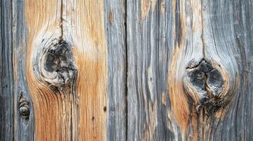 Close-up of rustic wood grain showcasing natural pattern. Wooden texture wood grain and knots photo