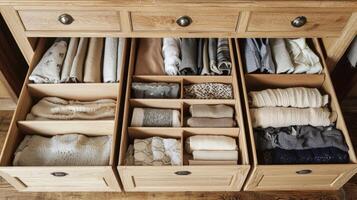 Folded clothes with accessories in chest of drawers, concept beautiful and comfortable organization photo