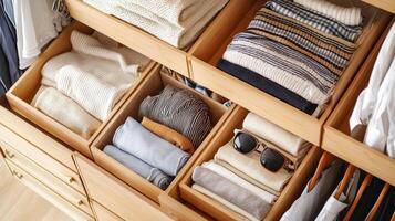 Folded clothes with accessories in chest of drawers, concept beautiful and comfortable organization photo