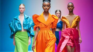 Fashion models showcasing seasonal trends on the runway. Beautiful stylish models photo