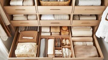 Folded clothes with accessories in chest of drawers, concept beautiful and comfortable organization photo