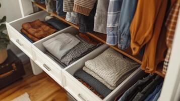 Folded clothes with accessories in chest of drawers, concept beautiful and comfortable organization photo