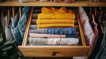 Folded clothes with accessories in chest of drawers, concept beautiful and comfortable organization photo