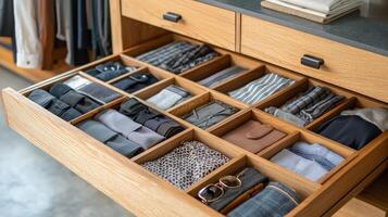 Folded clothes with accessories in chest of drawers, concept beautiful and comfortable organization photo