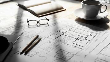 Architectural blueprint floor plans displayed on a table for property development and construction photo