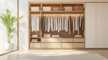 Minimalist wardrobe with neutral color palettes. Decluttered lifestyle concept photo