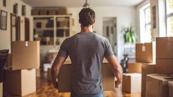 Man moving boxes into his new home. Man carrying a cardboard box in his new apartment photo